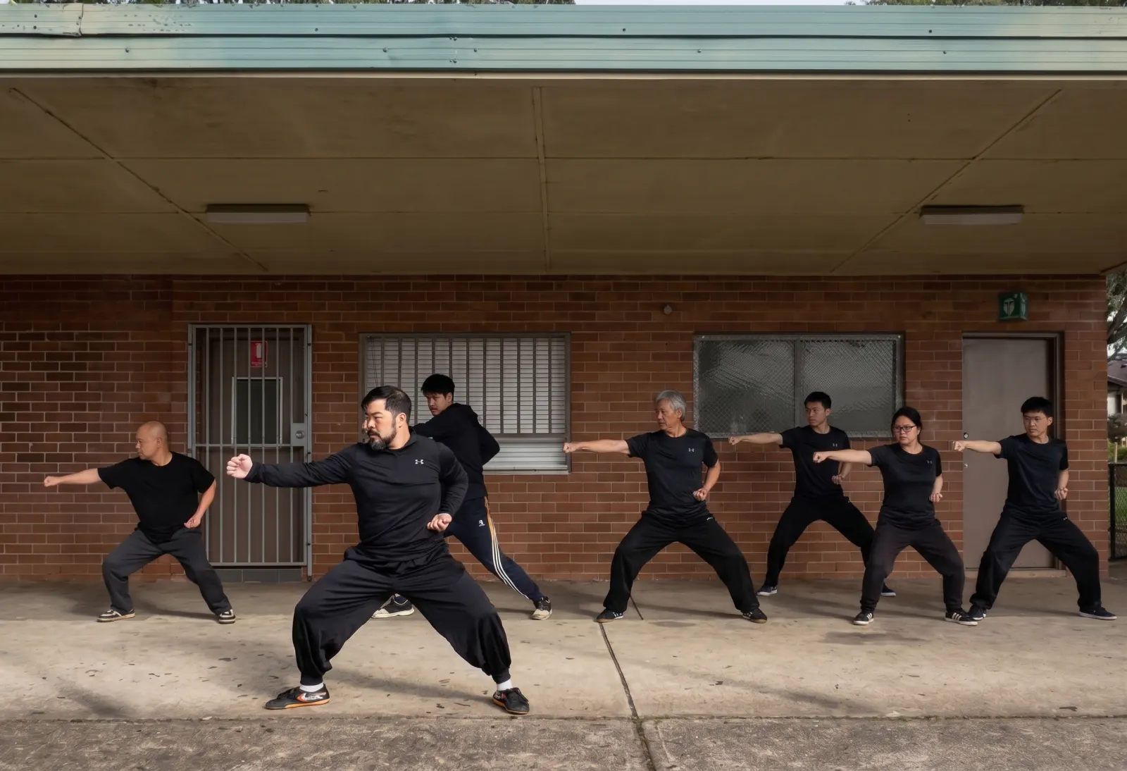 Adults training Choy Lee Fut Kung Fu outdoors near Hornsby
